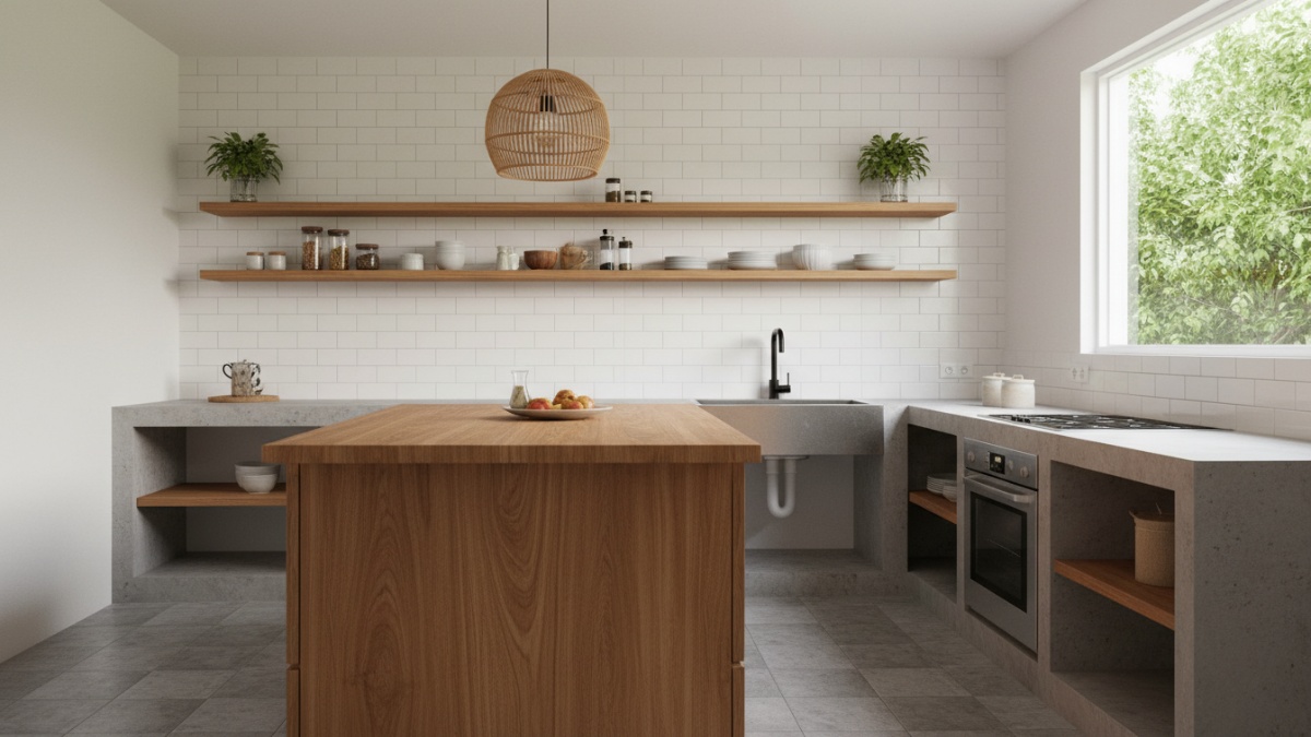 Inspirasi dapur minimalis dengan kitchen island kayu dan rak terbuka yang membuat ruang kecil terasa fungsional.