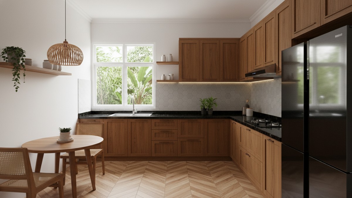 Ilustrasi ukuran dapur minimalis dengan kitchen set kayu yang disesuaikan luas ruangan rumah.