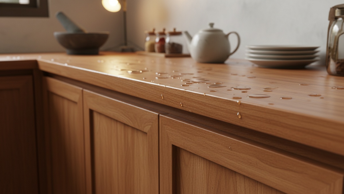 Permukaan kabinet kayu di dapur yang dilapisi finishing pelindung agar tahan terhadap panas dan kelembapan.