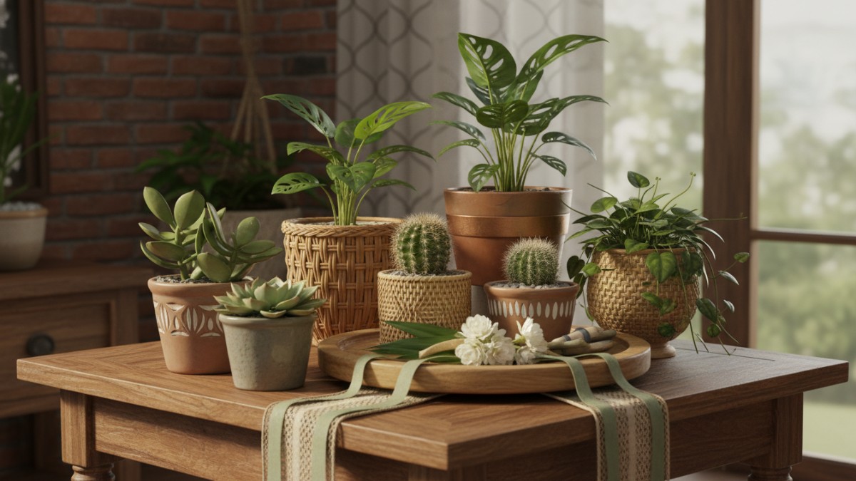 Beberapa jenis tanaman hampers seperti sukulen, kaktus mini, monstera mini, dan pothos dalam pot kecil yang disusun rapi sebagai ide hadiah Lebaran.