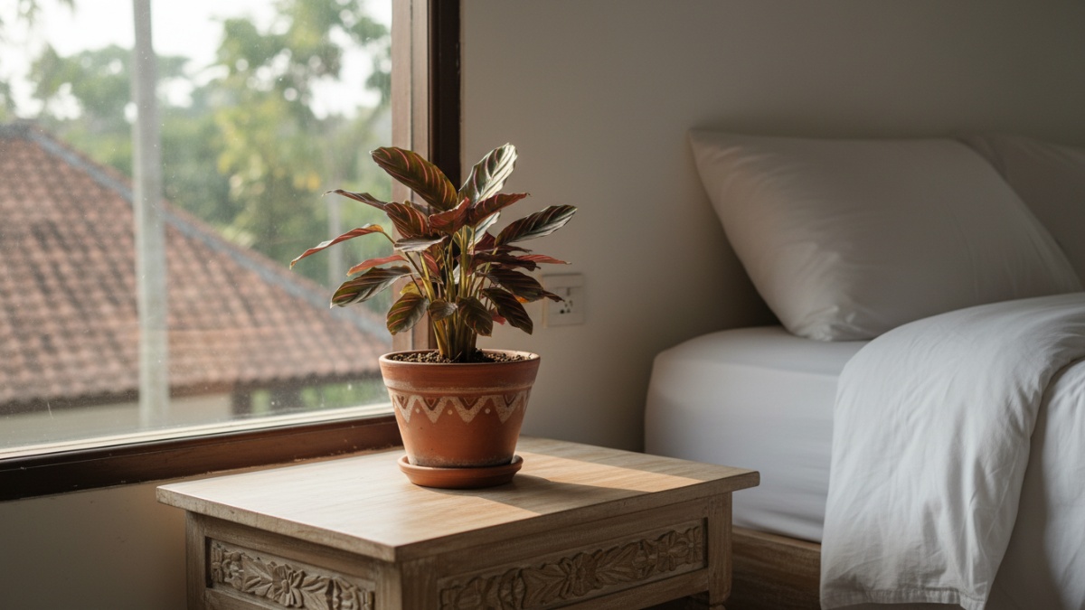 Tanaman hias kecil ditempatkan di meja samping tempat tidur dengan pencahayaan alami dari jendela kamar.