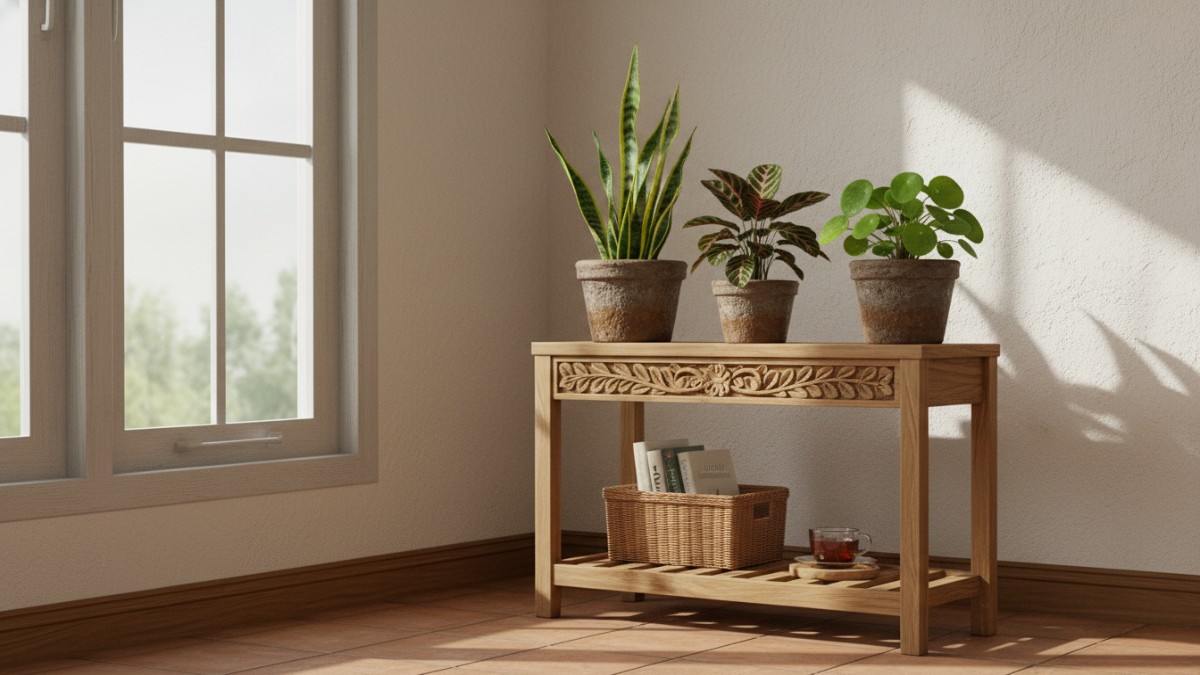 Rak kecil di sudut kamar berisi beberapa tanaman indoor sederhana yang mendapat cahaya jendela.