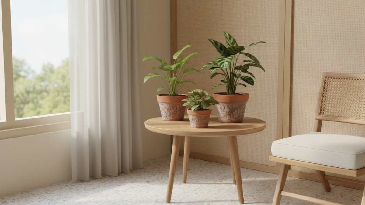 Tiga pot tanaman indoor kecil ditata rapi di sudut kamar minimalis.