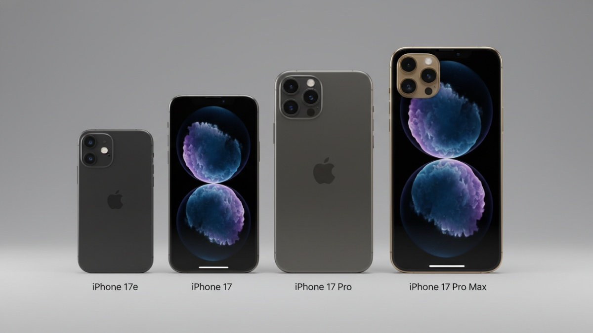Perbandingan desain dan fitur lini iPhone 17 dari iPhone 17e hingga Pro Max yang menunjukkan perbedaan tampilan dan kelas perangkat.