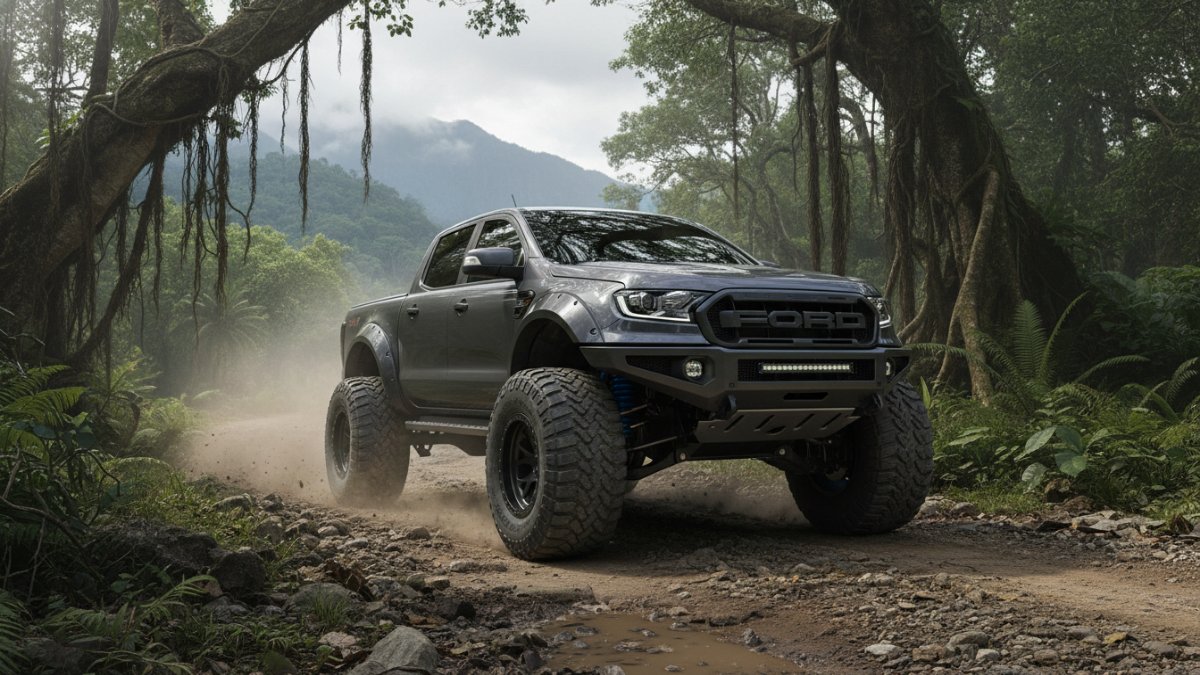 Ford Ranger dengan ban super besar terlihat tinggi dan agresif saat berada di jalur off-road.