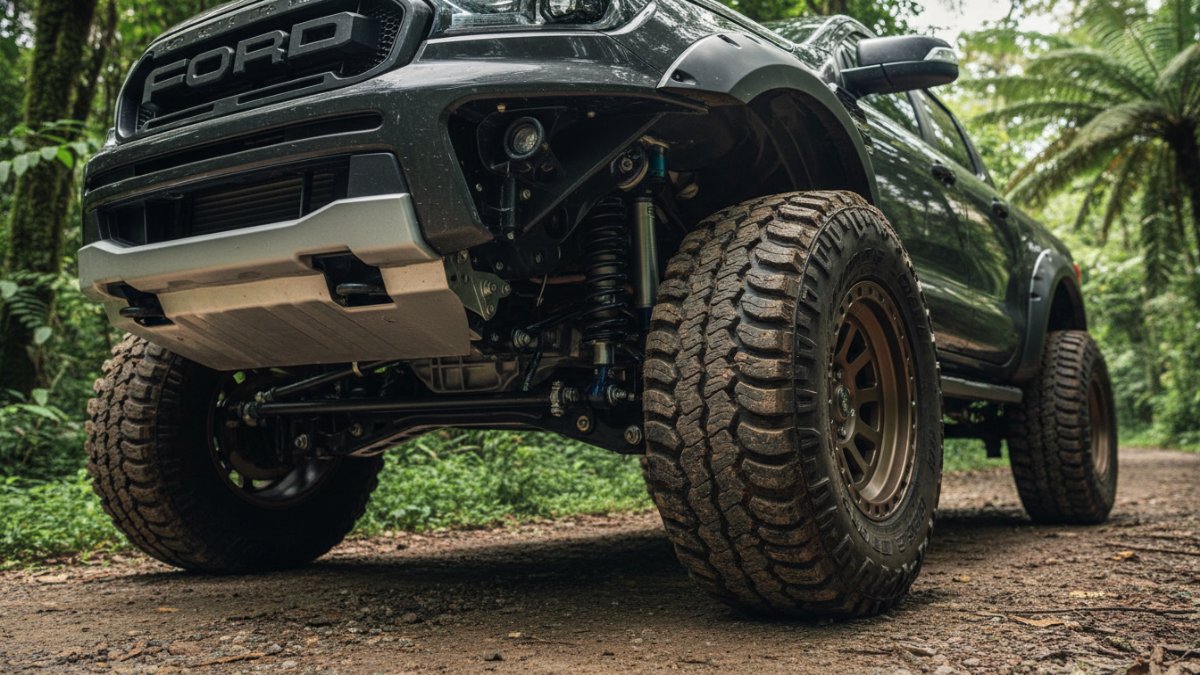 Bagian suspensi dan kaki-kaki Ford Ranger dimodifikasi agar mampu menopang ban berukuran besar.