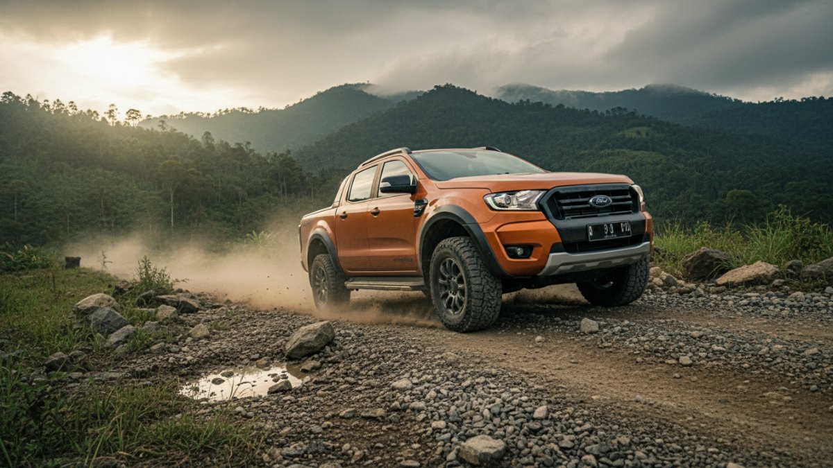 Ford Ranger melaju di jalur tanah berbatu dengan ban besar yang mencengkeram permukaan.