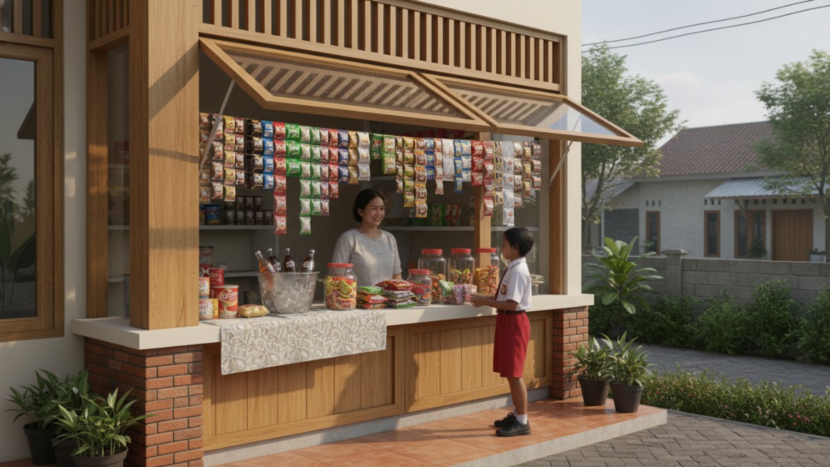 Warung kecil di halaman rumah kampung dengan desain minimalis sederhana namun fungsional untuk usaha rumahan