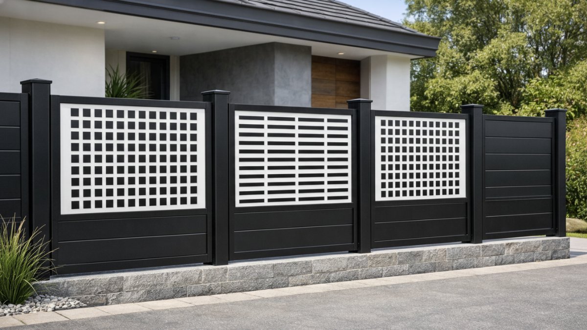 Desain pagar besi kombinasi fiber model panel fiber motif geometris.