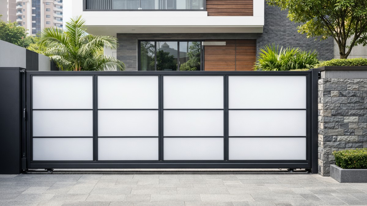 Desain pagar besi kombinasi fiber model sliding minimalis.