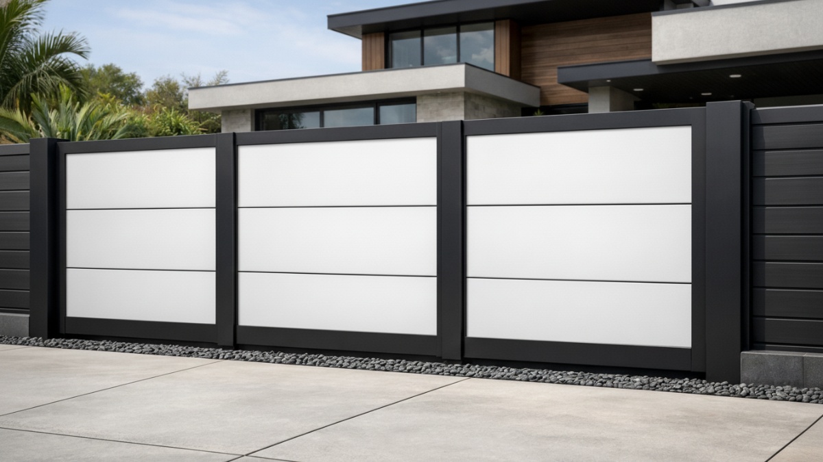Desain pagar besi kombinasi fiber panel solid modern. 