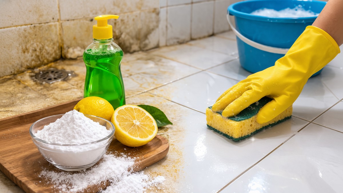 Campuran baking soda, sitrun, dan sabun cuci piring digunakan membersihkan lantai kamar mandi kuning agar kembali kesat dan bebas kerak.