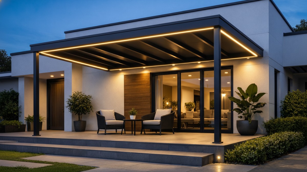 Desain kanopi atap datar modern dengan rangka baja ringan pada teras rumah minimalis.
