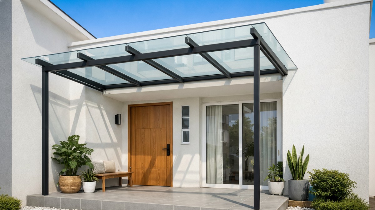 Teras rumah kecil dengan kanopi kaca tempered minimalis yang membuat area depan terlihat terang.