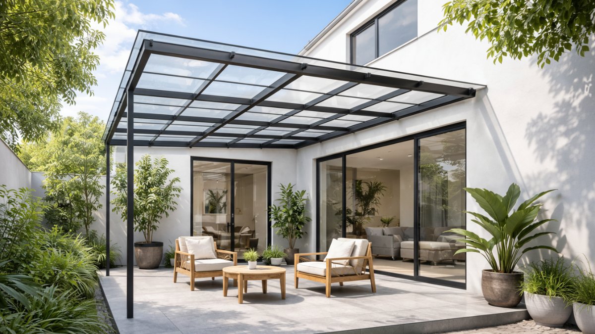 Kanopi polycarbonate transparan yang melindungi teras rumah tanpa mengurangi cahaya alami. 