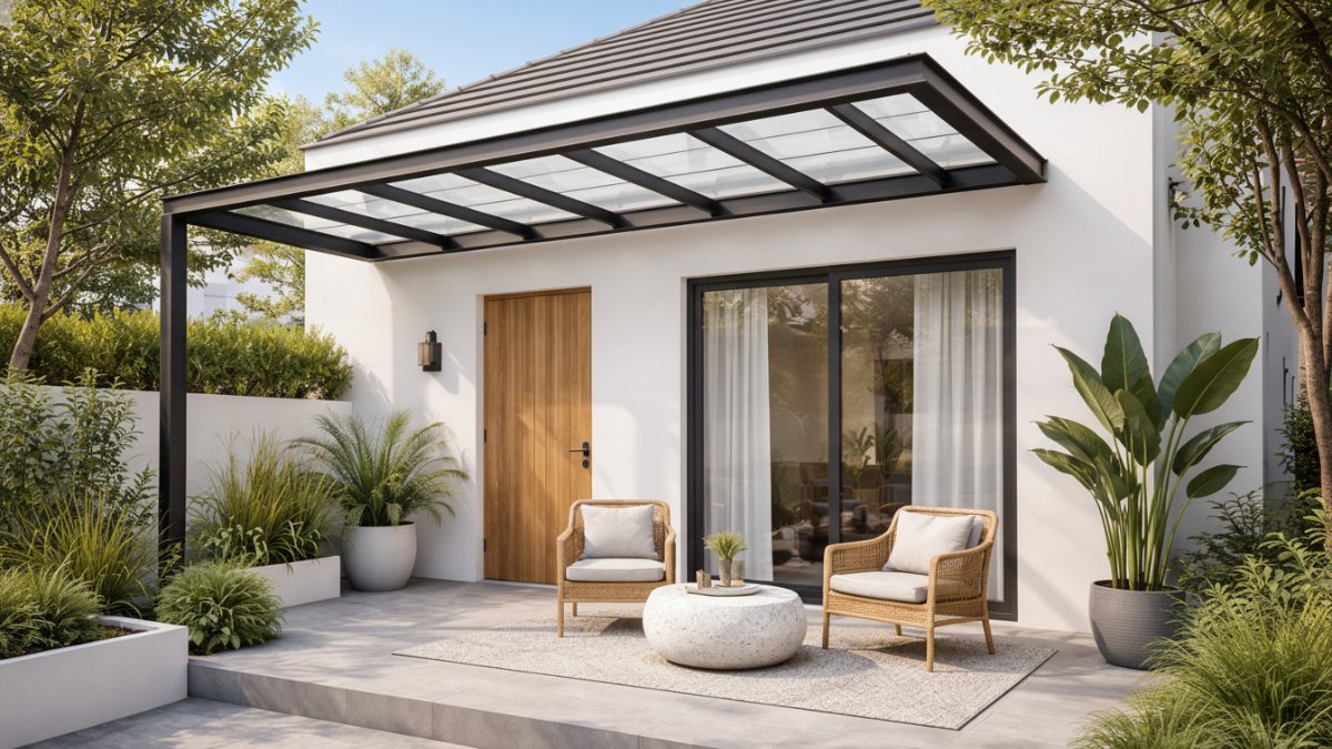Kanopi teras rumah minimalis dengan desain modern yang membuat fasad rumah kecil terlihat clean dan elegan.