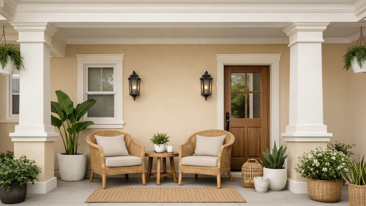 Teras rumah minimalis dengan warna cat cream dan putih gading.