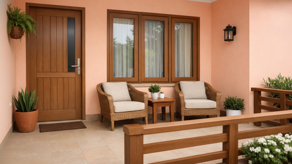 Teras rumah minimalis dengan cat peach lembut dan cokelat muda.