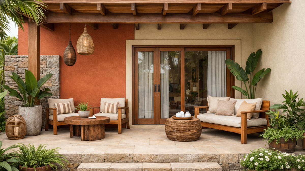 Teras rumah minimalis dengan cat terracotta dan beige.