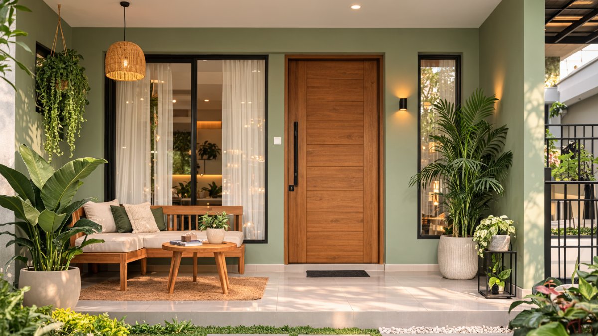 Teras rumah minimalis dengan cat hijau sage.