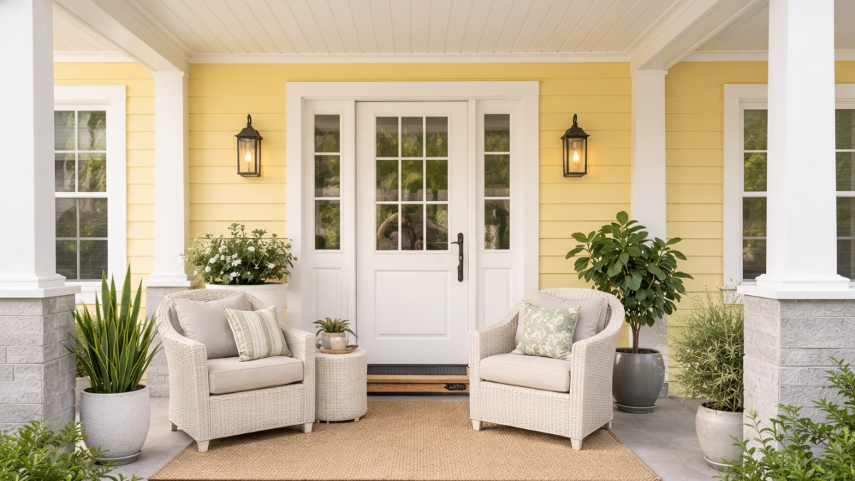 Teras rumah minimalis dengan cat butter yellow.