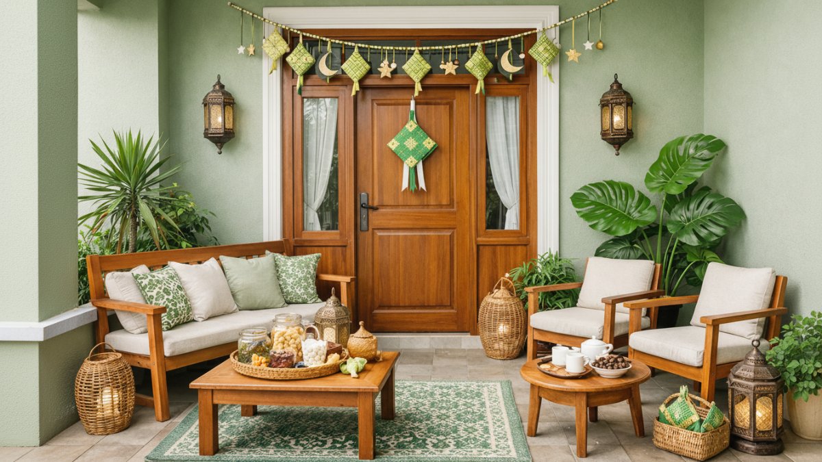 Teras rumah minimalis warna cat hijau sage dengan suasana ramah menyambut tamu Lebaran.
