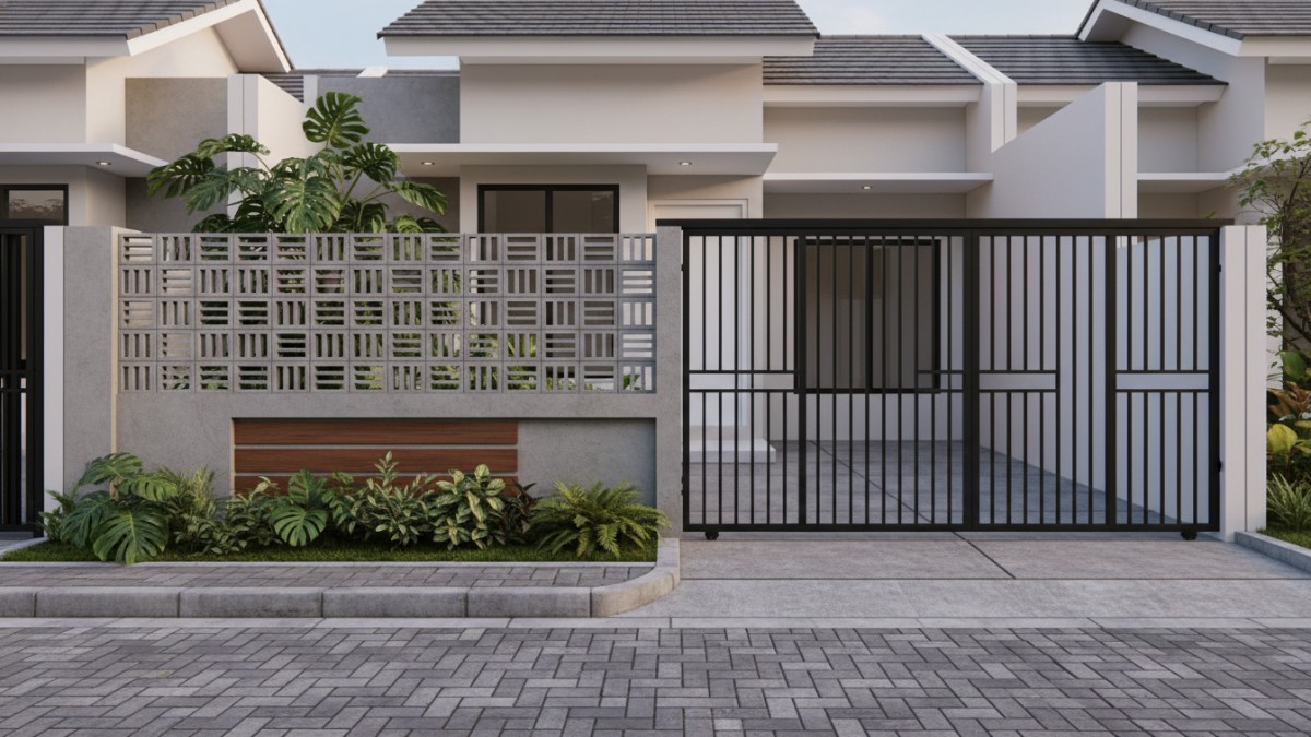 Roster motif geometris dekoratif yang memberi karakter pada fasad rumah