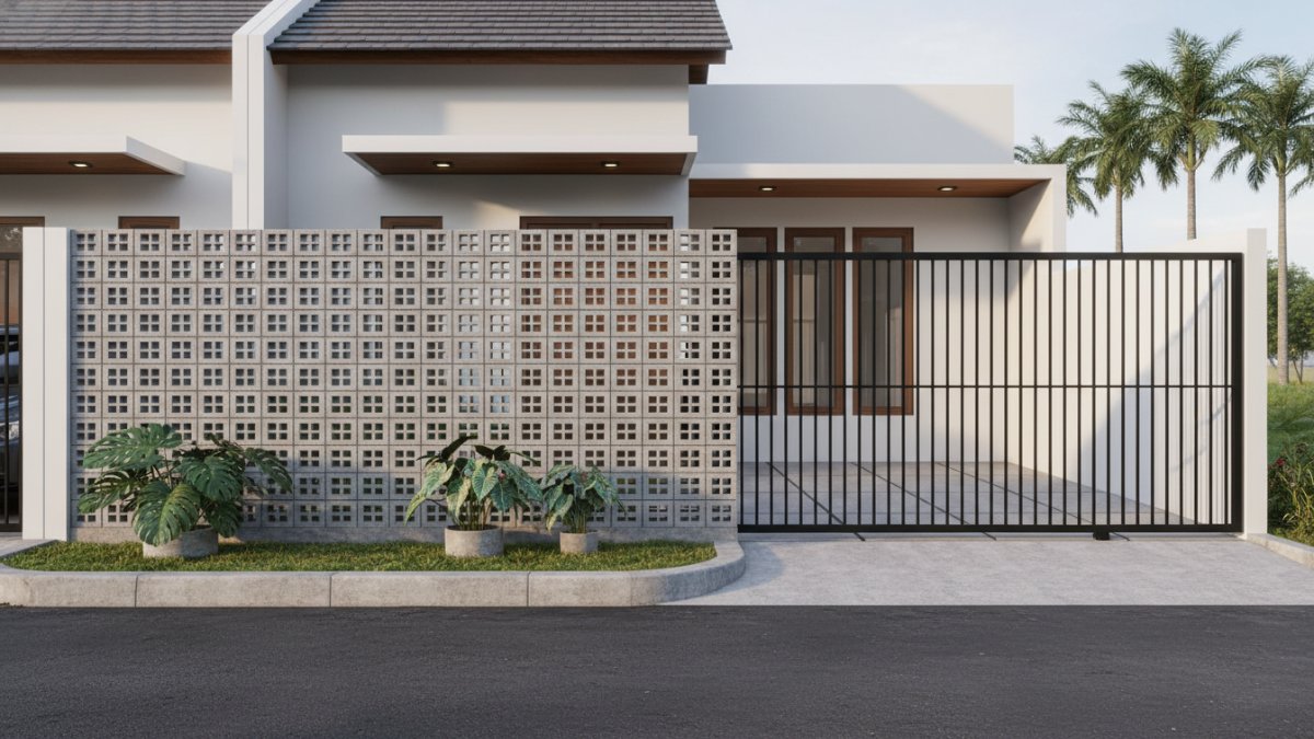 Pagar roster beton motif kotak grid pada rumah minimalis modern