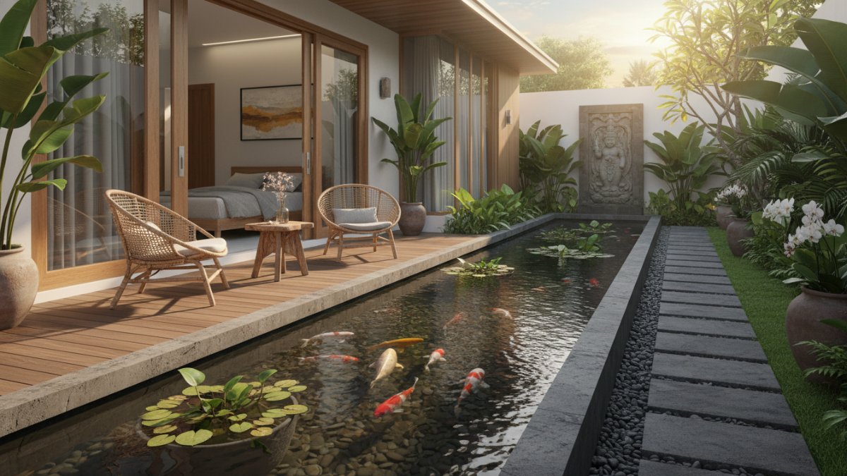 Kolam ikan memanjang 1 x 6 meter di samping rumah minimalis menciptakan taman air sederhana namun estetik.