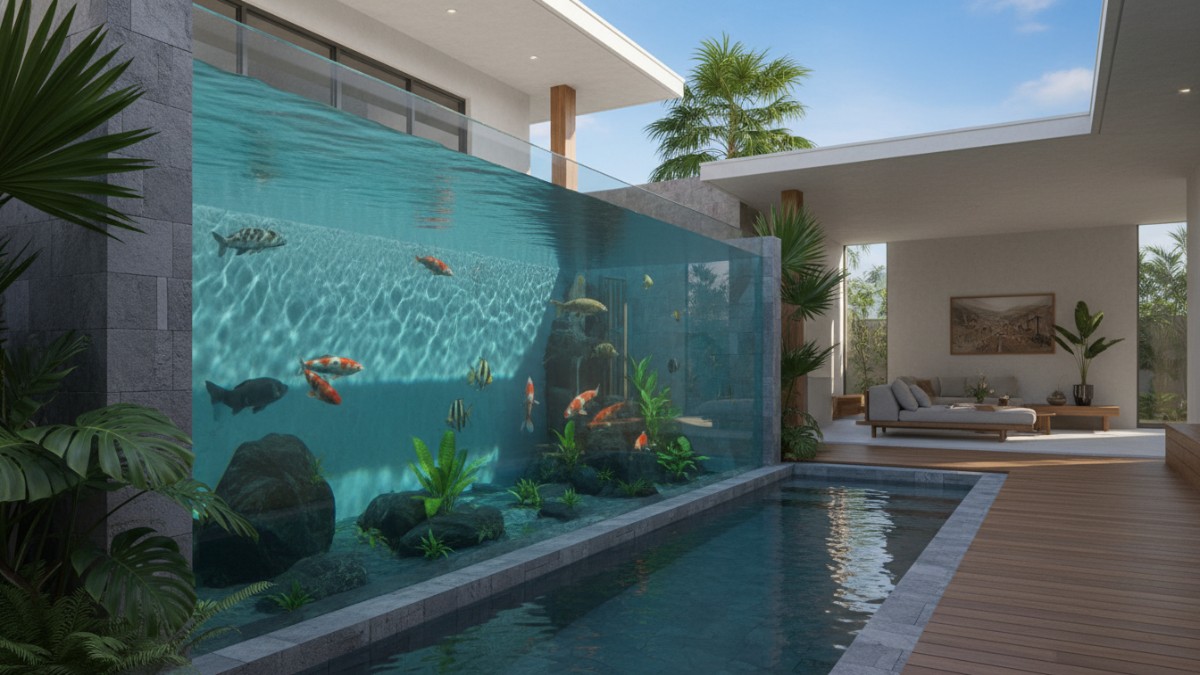 Kolam kaca samping rumah