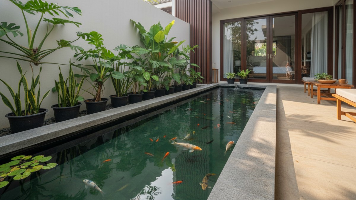 Kolam ikan koi memanjang dengan batu alam di halaman rumah sempit.