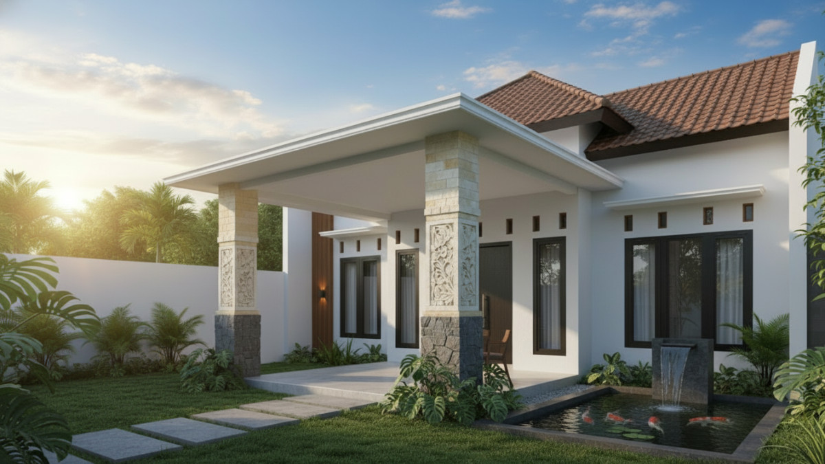 Desain teras rumah minimalis dengan tiang kanopi beton dilapisi batu alam yang memberi tampilan fasad elegan dan kokoh.