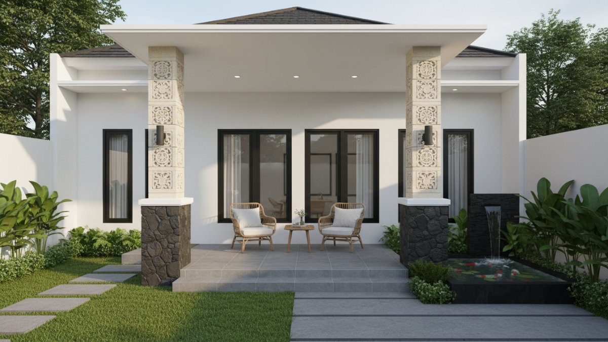Fasad rumah minimalis modern dengan kombinasi beton dan batu alam pada area teras