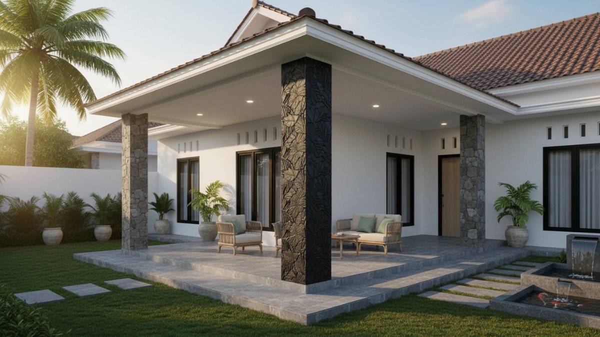 Teras sudut berbentuk L dengan tiang batu alam besar