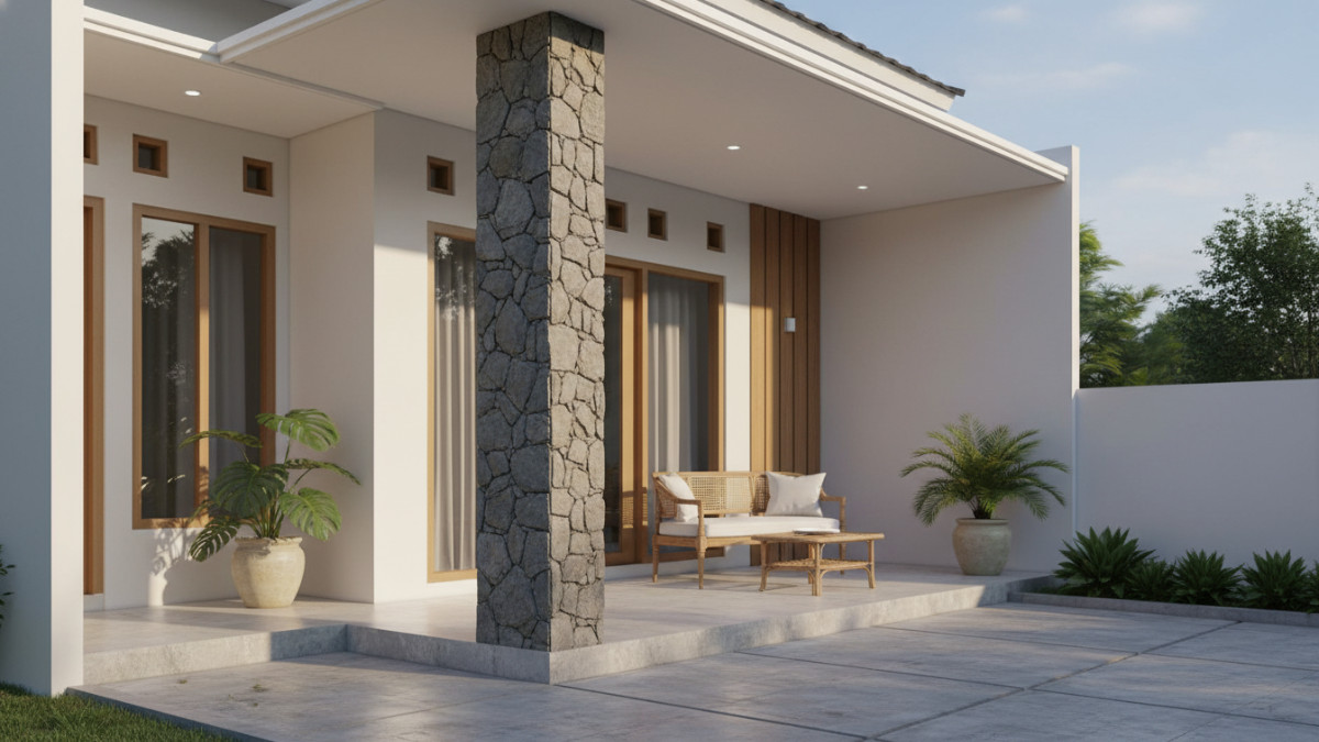 Satu kolom beton yang dilapisi batu alam sebagai elemen visual utama. Sisi lainnya langsung terhubung dengan dinding rumah.
