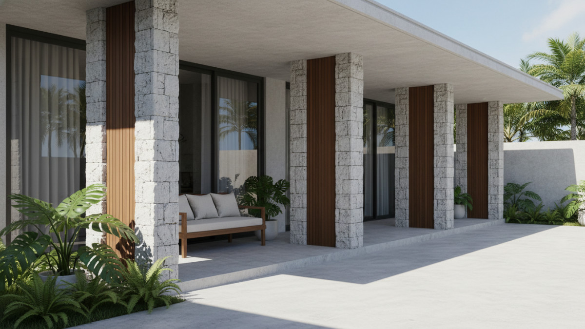 Fasad rumah minimalis modern dengan kombinasi beton dan batu alam pada area teras.