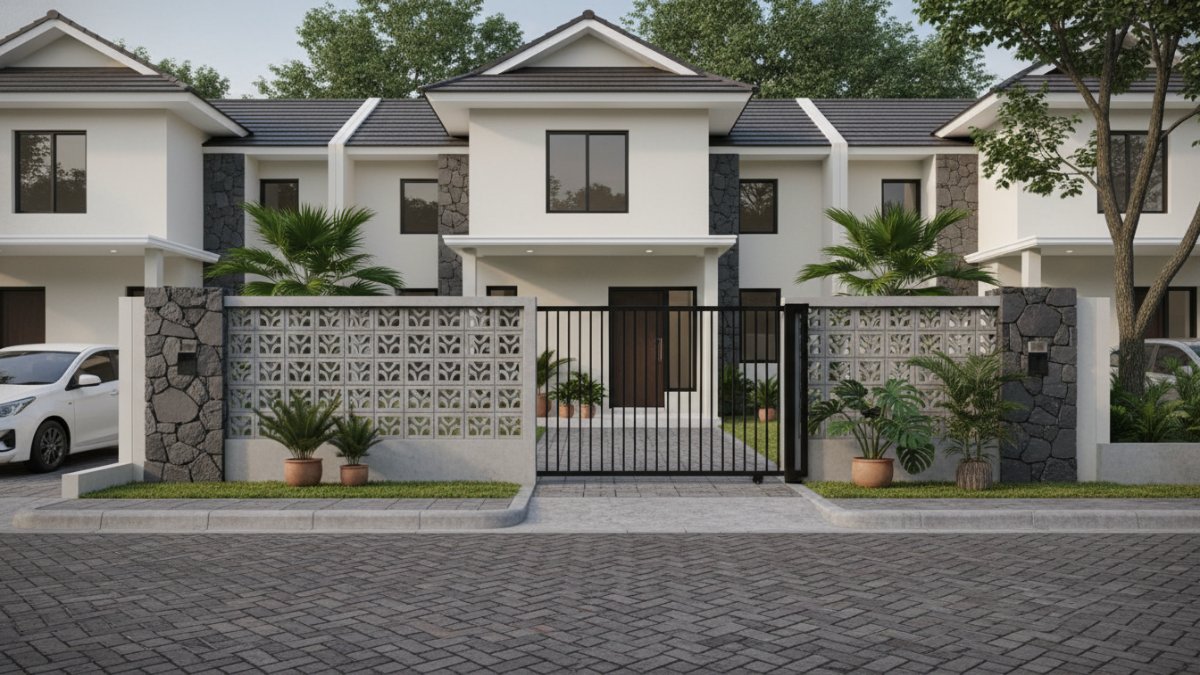 Pagar roster minimalis pada rumah tropis modern dengan ventilasi alami yang membuat halaman terasa adem.