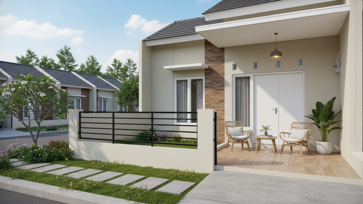 Model pagar sederhana pada rumah subsidi di perumahan modern yang terlihat rapi dan fungsional.