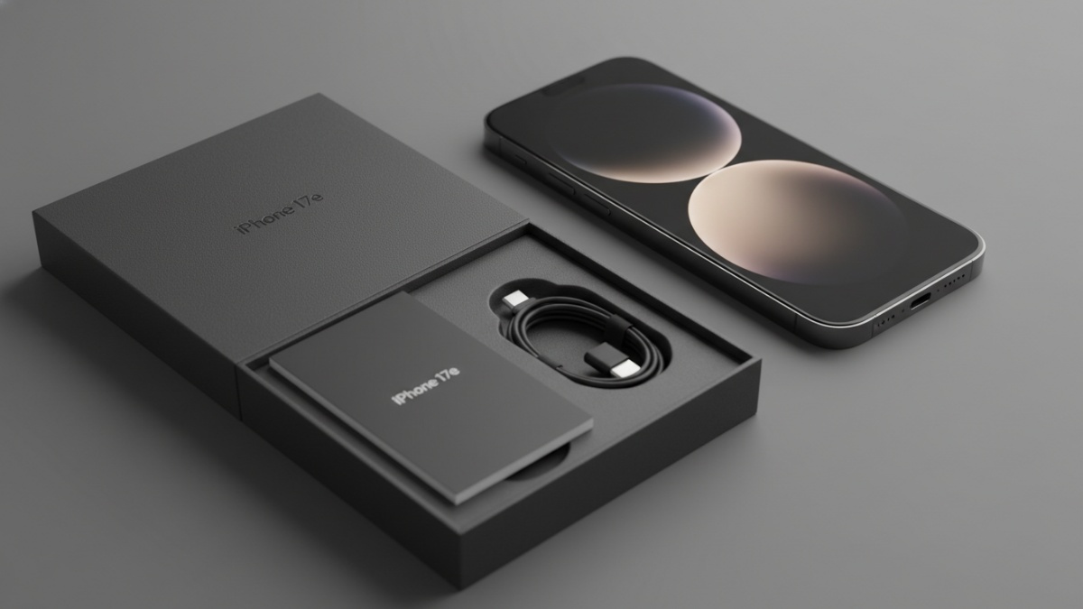 iPhone 17e Black terbuka dari kotak, menampilkan paket minimalis dan desain elegan.