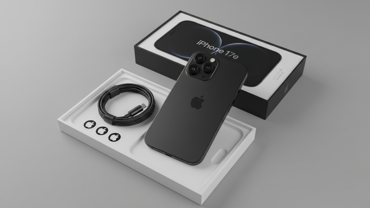 Isi paket iPhone 17e Black lengkap dengan kabel dan stiker Apple.