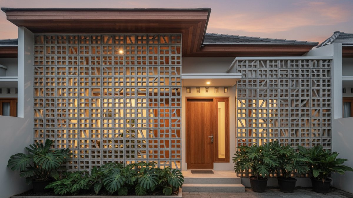 Desain lubang angin rumah modern dengan roster geometris yang membuat fasad hunian minimalis terlihat estetik sekaligus membantu sirkulasi udara alami.