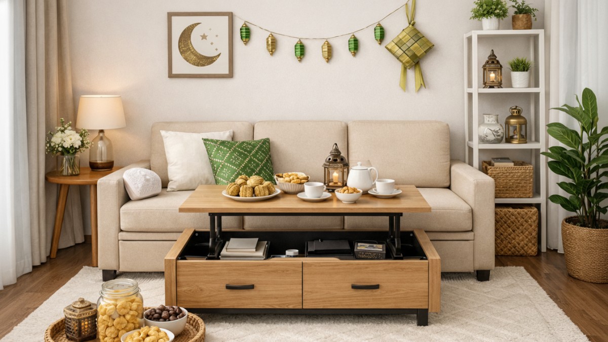 Penataan furnitur minimalis pada ruang tamu kecil dengan sofa sederhana dan meja tamu kecil.