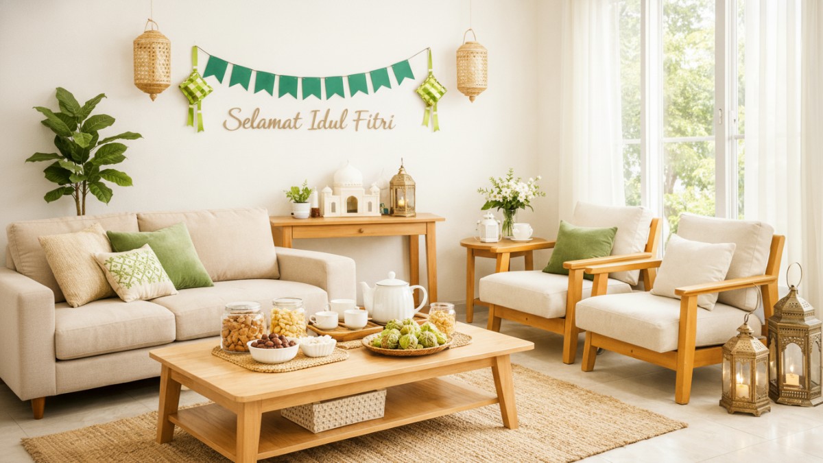 Ruang tamu minimalis kecil dengan sofa ramping dan dekorasi sederhana yang terlihat rapi dan nyaman untuk menyambut tamu Lebaran.
