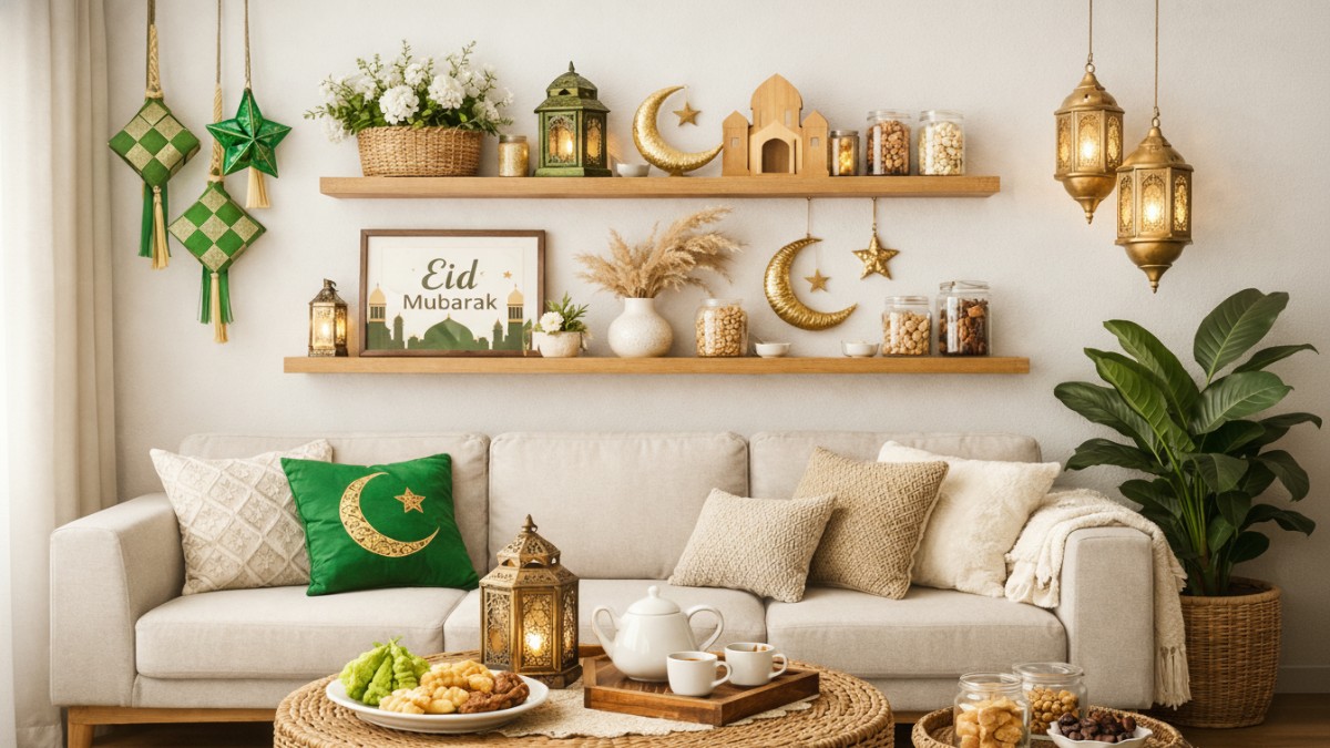 Ruang tamu dengan rak dinding atau floating shelf.
