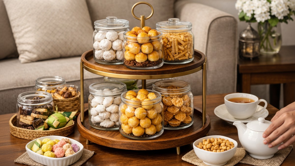 Kue lebaran di rak bertingkat.