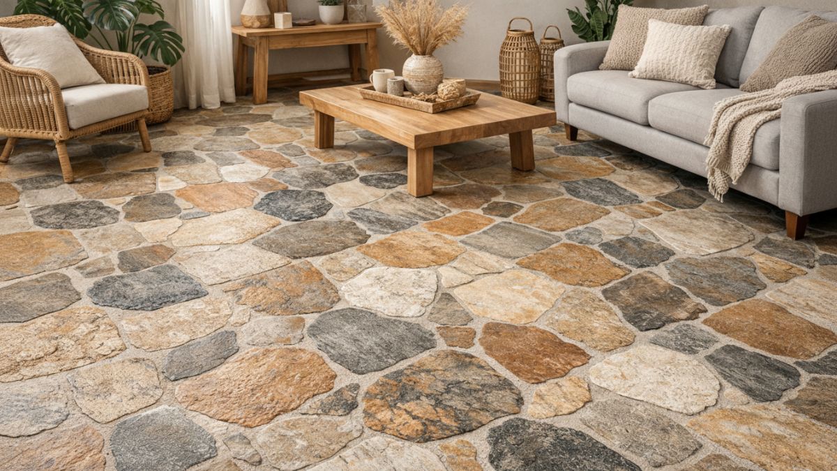 Keramik lantai ruang tamu motif batu alam modern.