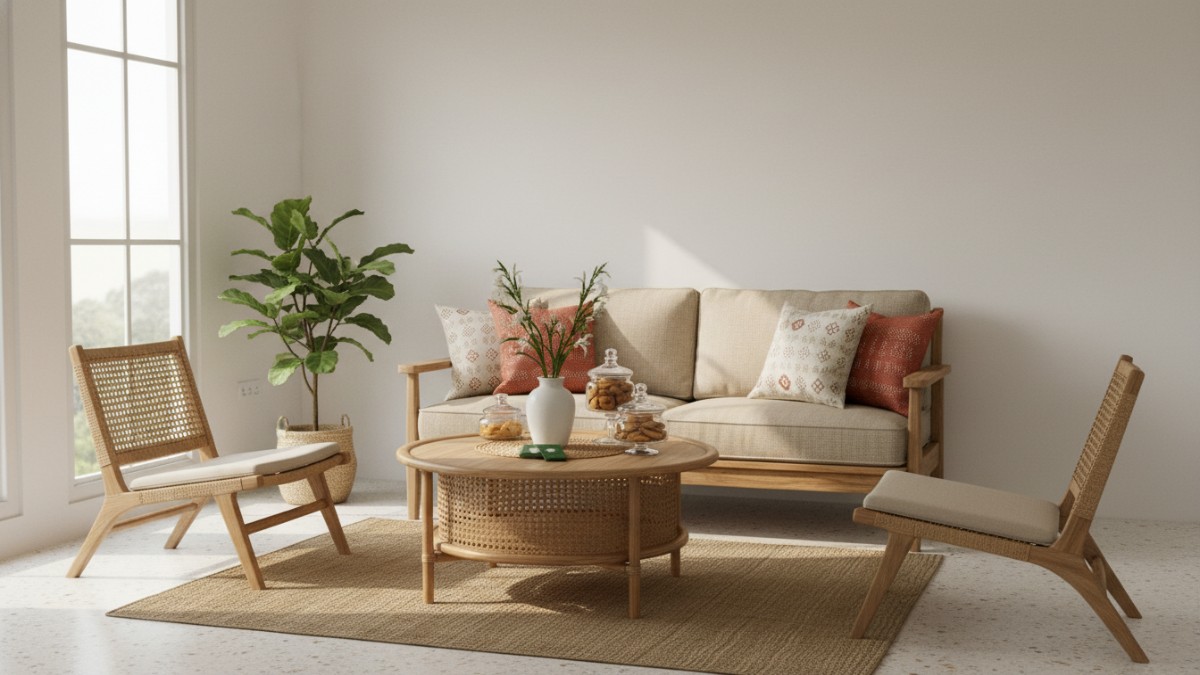 Ruang tamu rumah minimalis ukuran kecil dengan sofa dua dudukan, meja tamu bulat, warna dinding putih krem, serta cahaya alami dari jendela besar yang membuat ruangan terlihat lapang saat menyambut ta