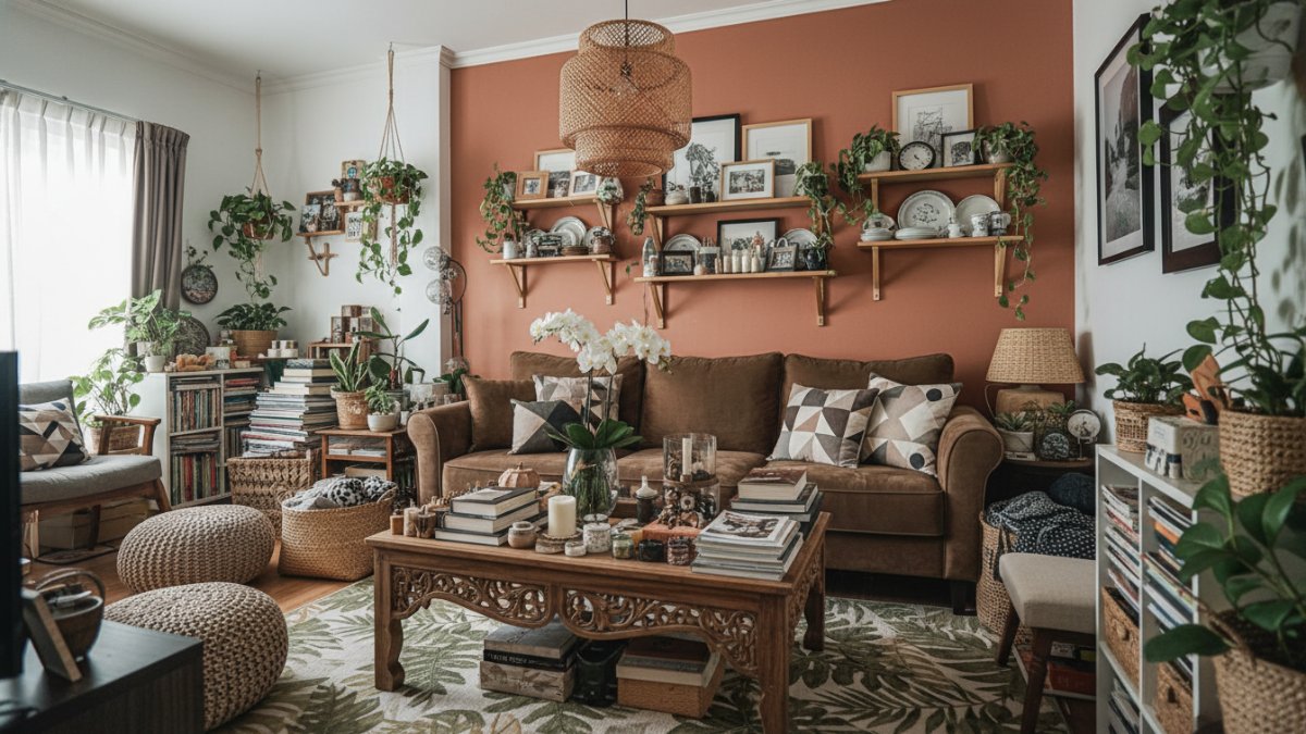 Ruang tamu kecil dengan sofa besar dan banyak dekorasi sehingga terlihat penuh dan sulit dilewati orang.