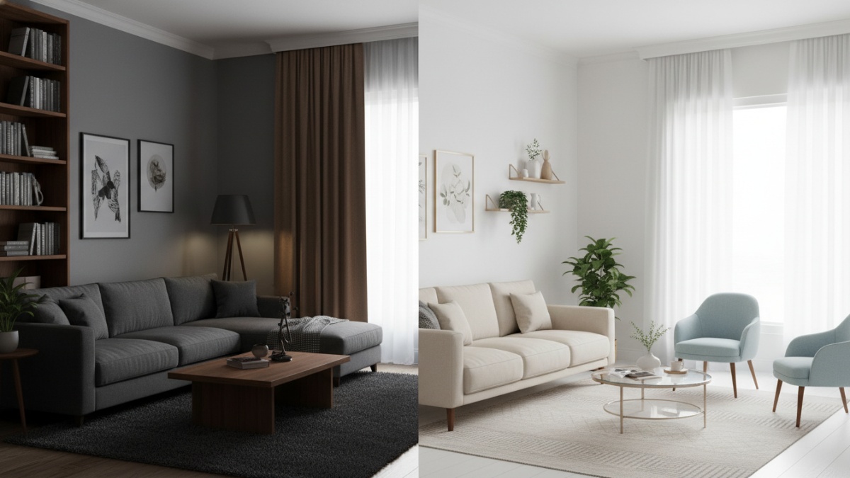 Perbandingan ruang tamu kecil dengan warna gelap dan furnitur besar dibanding ruang yang menggunakan warna terang dan furnitur ramping.