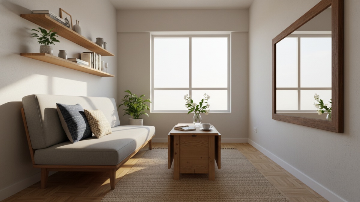 Ruang tamu minimalis dengan sofa ramping, rak dinding, cermin besar di dinding, serta meja kecil multifungsi.